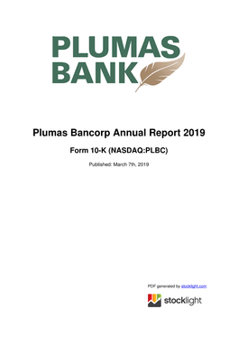 Plumas Bancorp Annual Report 2019