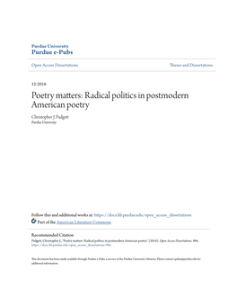 Radical Politics in Postmodern American Poetry Christopher J