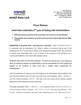 Press Release Mm2 Asia Celebrates 2 Year of Listing with Shareholders