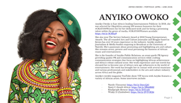 ANYIKO OWOKO – PORTFOLIO (APRIL – JUNE 2019) ANYIKO OWOKO Anyiko Owoko Is East Africa's Leading Entertainment Publicist