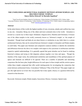 THE UNSPECIFIED ARCHITECTURAL HARMONY BETWEEN JEWISH TEMPLES and DRAVIDIAN HINDU TEMPLES Smeya Shirley Deborah1 & Sharmila Jagadisan2