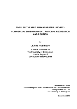 Popular Theatre in Manchester 1880-1903: Commercial Entertainment, Rational Recreation and Politics