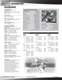 RUSHING TEAM RECORDS 100-YARD RUSHING DUOS Most Team Records Available Since 1949 Season/Opponent Rushers (Yards) Most Attempts 1950 Vs
