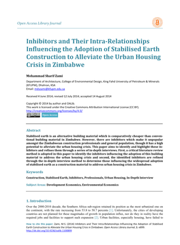 Inhibitors and Their Intra-Relationships Influencing the Adoption of Stabilised Earth Construction to Alleviate the Urban Housing Crisis in Zimbabwe