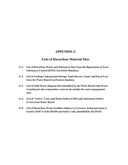 APPENDIX G Lists of Hazardous Material Sites