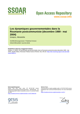 Les Dynamiques Gouvernementales Dans La Roumanie Postcommuniste (Decembre 1989 - Mai 2004) Ionașcu, Alexandra