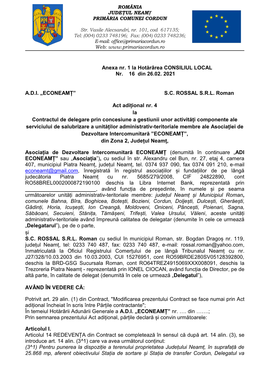 Anexa Nr. 1 La Hotărârea CONSILIUL LOCAL Nr. 16 Din 26.02. 2021