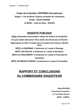 RAPPORT ET CONCLUSIONS Du COMMISSAIRE ENQUETEUR