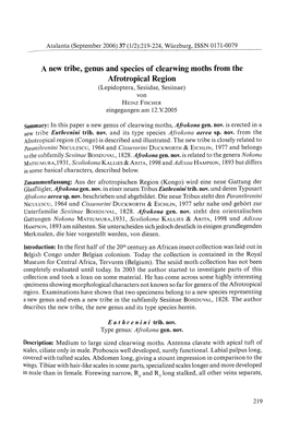 A New Tribe, Genus and Species of Clearwing Moths from the Afrotropical Region (Lepidoptera, Sesiidae, Sesiinae) Von H Einz F Ischer Eingegangen Am 12.V.2005