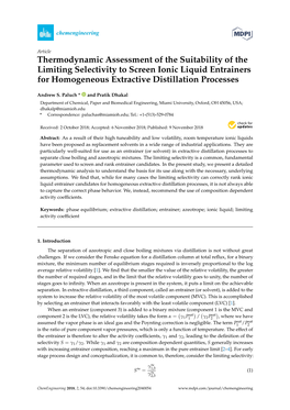 Thermodynamic Assessment of the Suitability of the Limiting Selectivity to Screen Ionic Liquid Entrainers for Homogeneous Extractive Distillation Processes