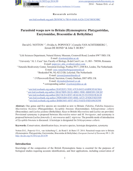 Parasitoid Wasps New to Britain (Hymenoptera: Platygastridae, Eurytomidae, Braconidae & Bethylidae)