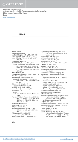 Cambridge University Press 978-1-107-19338-3 — Arabic Thought Against the Authoritarian Age Edited by Jens Hanssen , Max Weiss Index More Information