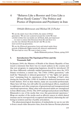 Behaves Like a Rooster and Cries Like a [Four Eyed] Canine” : the Politics and Poetics of Depression and Psychiatry in Iran