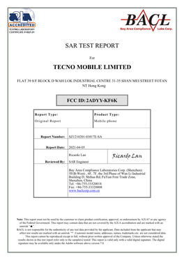 Sar Test Report Tecno Mobile Limited