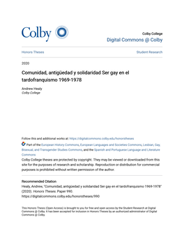 Comunidad, Antigüedad Y Solidaridad Ser Gay En El Tardofranquismo 1969-1978