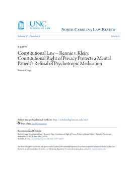 Rennie V. Klein: Constitutional Right of Privacy Protects a Mental Patient's Refusal of Psychotropic Medication Burton Craige