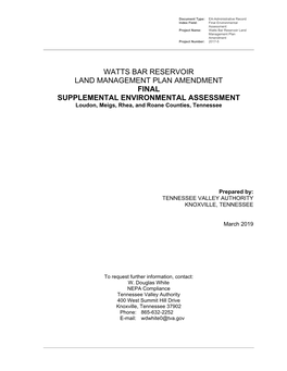 Watts Bar Reservoir Land Management Plan Amendment Project Number: 2017-5