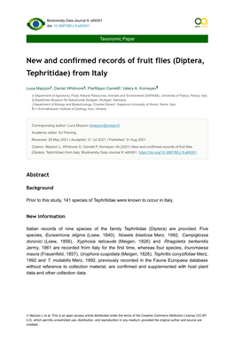 New and Confirmed Records of Fruit Flies (Diptera, Tephritidae) from Italy