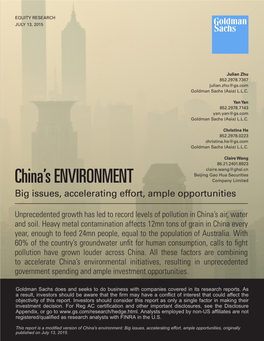 China's Environment: Big Issues, Accelerating Effort, Ample Opportunities, Originally Published on July 13, 2015