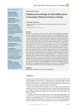 Traditional Knowledge of Wild Edible Plants in Hasankeyf (Batman