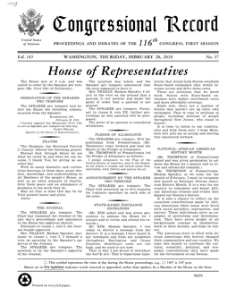 Congressional Record United States Th of America PROCEEDINGS and DEBATES of the 116 CONGRESS, FIRST SESSION