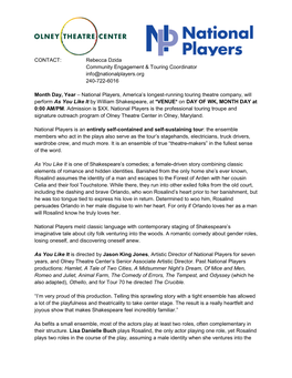 CONTACT: Rebecca Dzida Community Engagement & Touring Coordinator Info@Nationalplayers.Org 240-722-6016 Month Day, Year