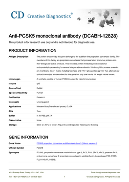 Anti-PCSK5 Monoclonal Antibody (DCABH-12828) This Product Is for Research Use Only and Is Not Intended for Diagnostic Use