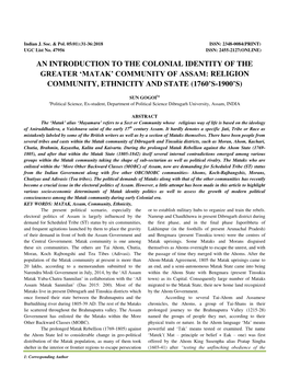 An Introduction to the Colonial Identity of the Greater „Matak‟ Community of Assam: Religion Community, Ethnicity and State (1760‟S-1900‟S)