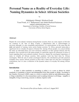 Personal Name As a Reality of Everyday Life: Naming Dynamics in Select African Societies