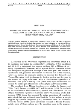 Conodont Biostratigraphy and Paleogeographical Relations of the Ordovician Mojcza Limestone (Holy Cross Mts, Poland)