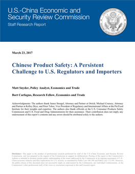 Chinese Product Safety: a Persistent Challenge to U.S. Regulators and Importers