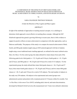 A Comparison of the Effects of Orff Schulwerk and Traditional Music Instruction on Selected Elements of Music Achievement in Third, Fourth, and Fifth Grade Students