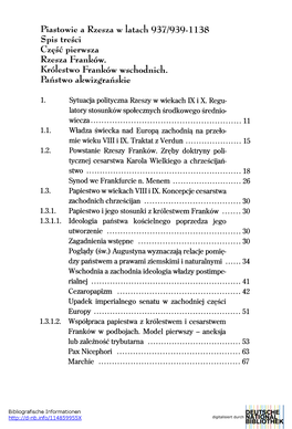 Piastowie a Rzesza W Latach 937/939-1138 Spis Treści Część Pierwsza Rzesza Franhów. Królestwo Franhów Wschodnich. Państwo Akwizgfrańskie