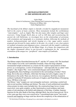 ARCHAEOASTRONOMY in the KHMER HEARTLAND the Heartland of the Khmer Empire Is Literally Crowded by Magnificent Monuments Built In