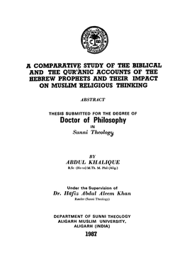 A Comparative Study of the Biblical and the Qur'anic Accounts of the Hebrew Prophets and Their Impact on Muslim Bisligious Thinking