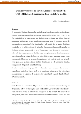 Estancia Y Recepción De Enrique Granados En Nueva York (1915-1916) Desde La Perspectiva De Su Epistolario Inédito