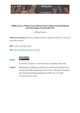 Willibrord As a Political Actor Between Early Medieval Ireland, Britain and Merovingian Francia (658-739)