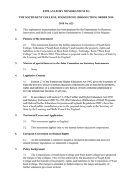 EXPLANATORY MEMORANDUM to the SOUTH KENT COLLEGE, FOLKESTONE (DISSOLUTION) ORDER 2010 SI No