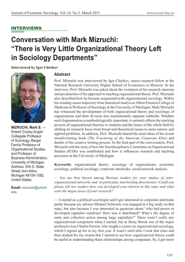Conversation with Mark Mizruchi: “There Is Very Little Organizational Theory Left in Sociology Departments” Interviewed by Igor Chirikov Abstract Prof