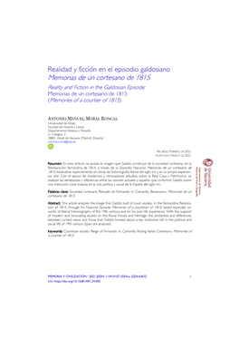 Memorias De Un Cortesano De 1815 Reality and Fiction in the Galdosian Episode: Memorias De Un Cortesano De 1815 (Memories of a Courtier of 1815)