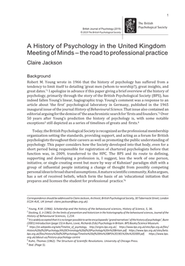 A History of Psychology in the United Kingdom Meeting of Minds – the Road to Professional Practice Claire Jackson