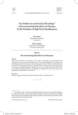 Two Studies in 21St Dynasty Chronology* I: Deconstructing Manetho’S 21St Dynasty II: the Datelines of High Priest Menkheperre