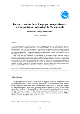 Italian Versus Northern Range Port Competitiveness: a Transportation Cost Analysis in Chinese Trade