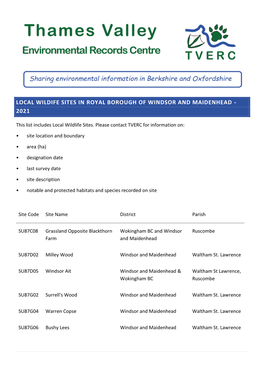 Local Wildife Sites in Royal Borough of Windsor and Maidenhead - 2021