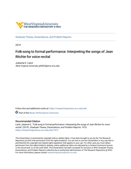 Folk-Song to Formal Performance: Interpreting the Songs of Jean Ritchie for Voice Recital