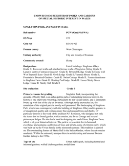 CADW/ICOMOS REGISTER of PARKS and GARDENS of SPECIAL HISTORIC INTEREST in WALES SINGLETON PARK and SKETTY HALL Ref Number PGW (