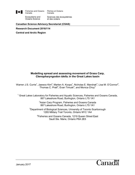 Modelling Spread and Assessing Movement of Grass Carp, Ctenopharyngodon Idella, in the Great Lakes Basin