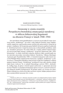 Gronostaj W Cieniu Swastyki. Perspektywa Bretońskiej Emancypacji Narodowej W Obliczu Hitlerowskiej Hegemonii Na Obszarze Francji W Latach 1940–1944