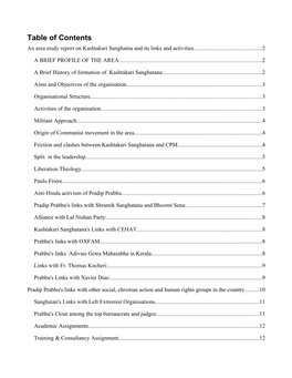 Table of Contents an Area Study Report on Kashtakari Sanghatna and Its Links and Activities