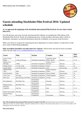 Guests Attending Stockholm Film Festival 2016: Updated Schedule